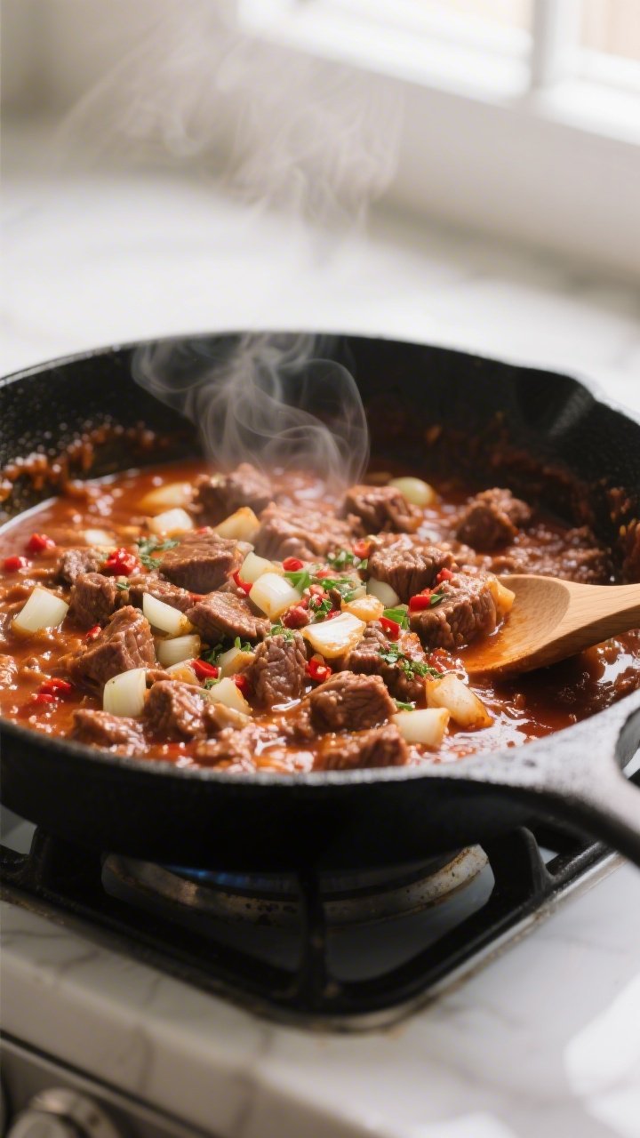 Cooking process close-up: A bubbling skillet of rich, garlicky keto meat sauce made with browned bee