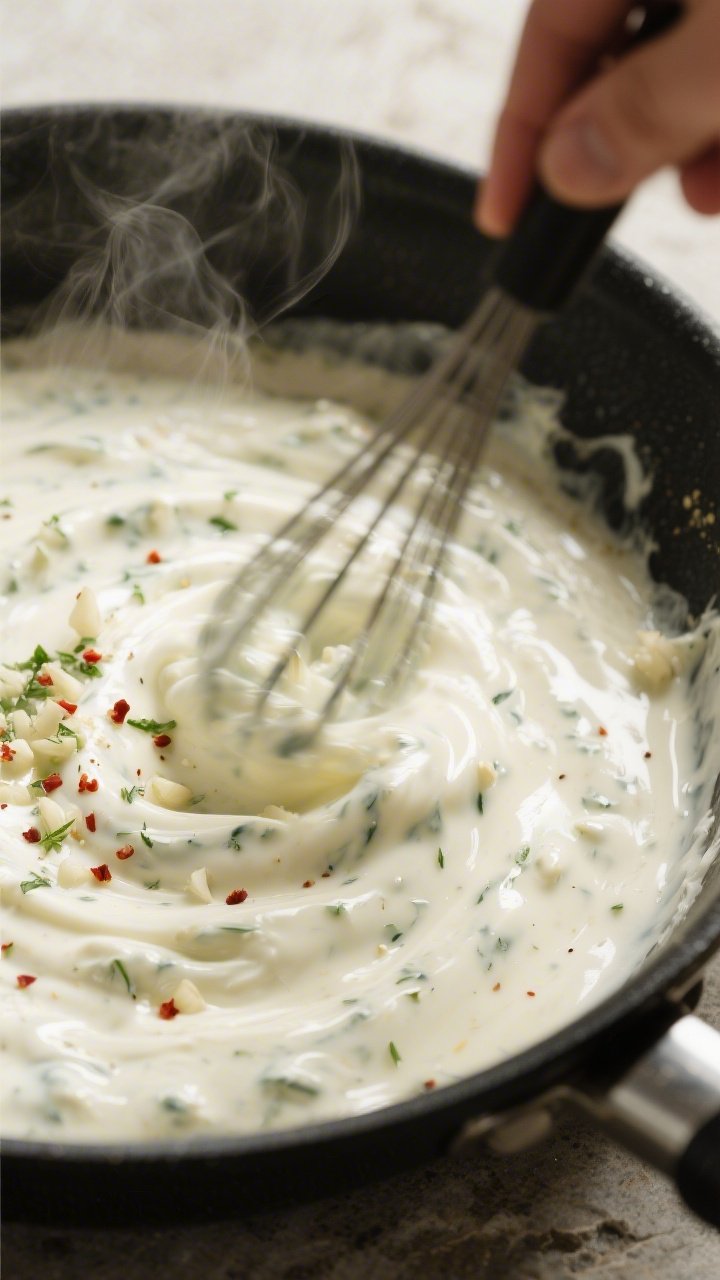 Cooking process close-up: A bubbling skillet shot of the creamy ranch sauce being finished—silky m