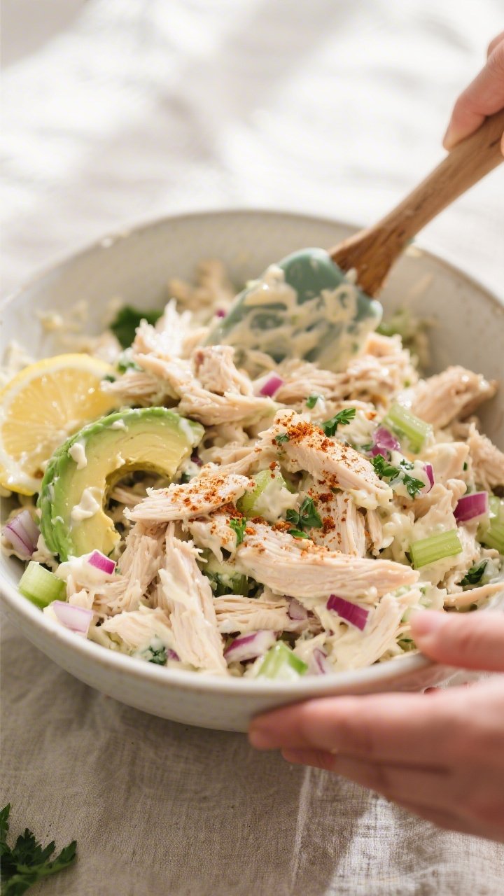 Cooking process close-up: A mixing bowl filled with creamy keto chicken salad being gently folded wi