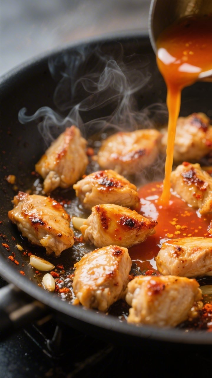 Cooking process close-up: Bite-size chicken pieces searing in a large skillet over medium-high heat,