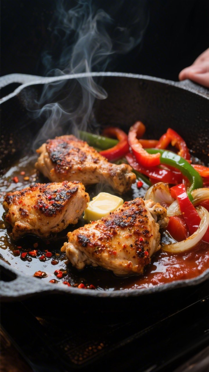Cooking process close-up: Cajun-seasoned chicken pieces sizzling in a cast-iron skillet with browned