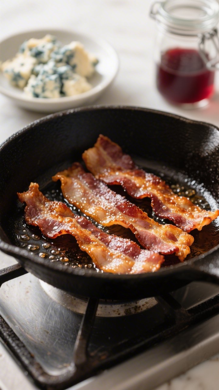 Cooking process close-up: Crispy bacon slices finishing in a cast-iron skillet, rendered fat shimmer