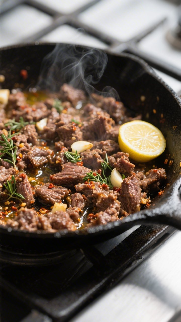 Cooking process close-up: Crumbled gyro-style ground lamb-beef mix sizzling in a cast-iron skillet, 