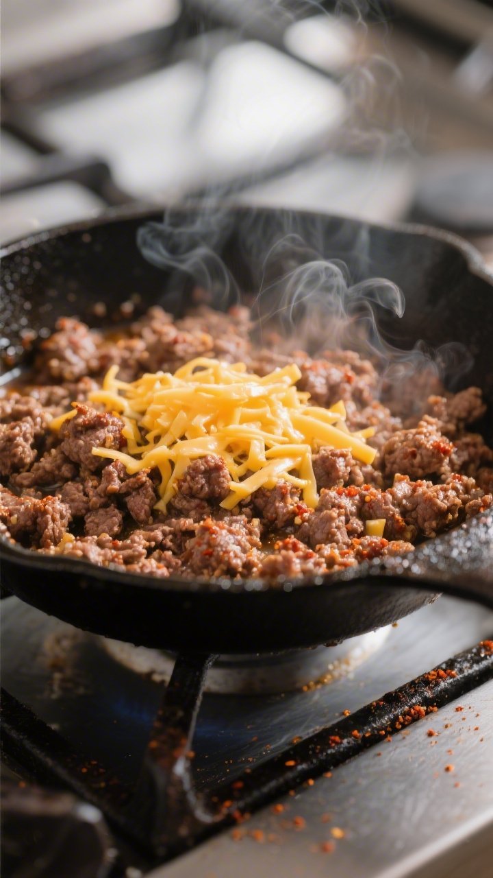 Cooking process close-up: Crumbled seasoned ground beef sizzling in a cast-iron skillet, edges caram
