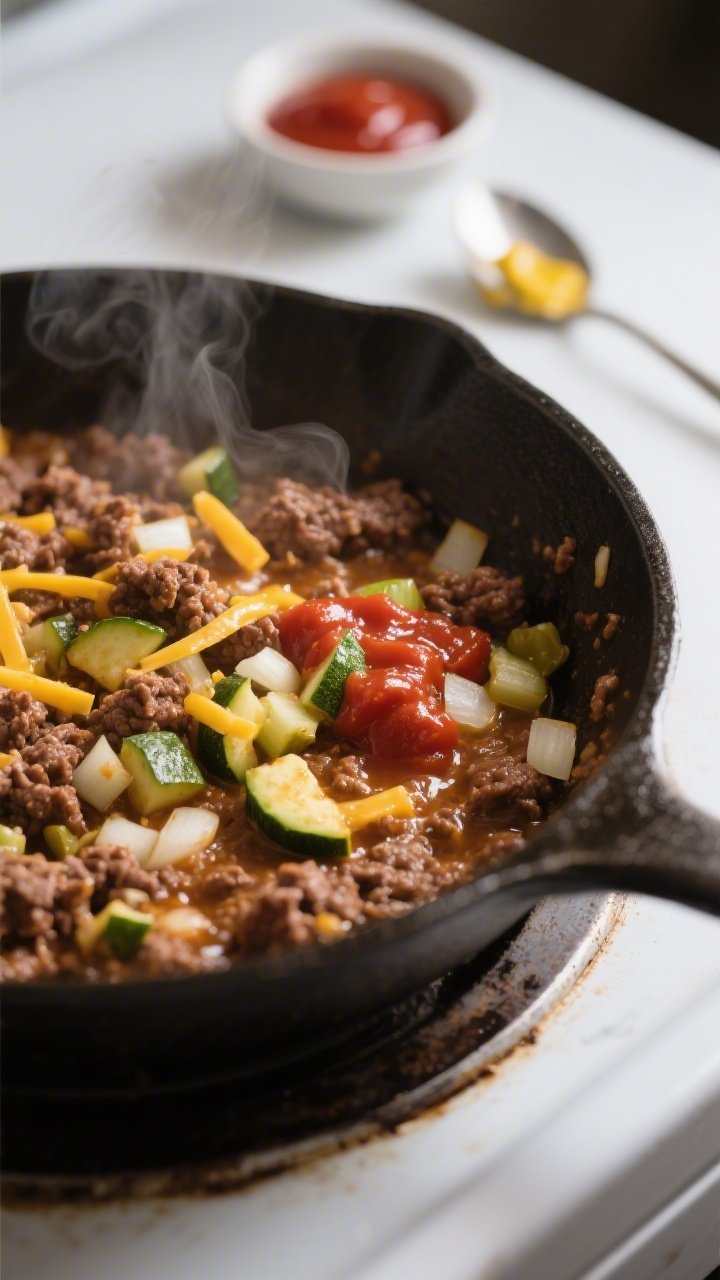 Cooking process, close-up detail: A skillet shot of browned ground beef mixed with finely diced onio