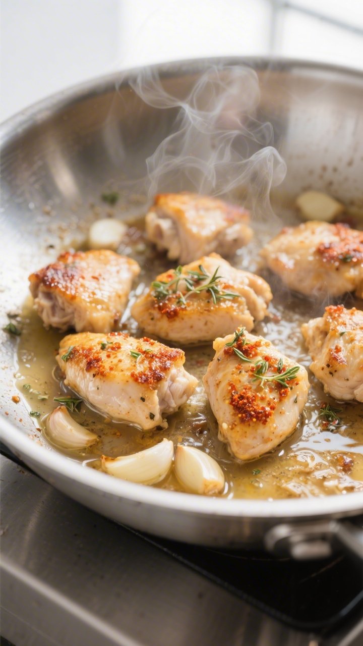 Cooking process, close-up detail: Bite-sized chicken pieces searing in a large stainless-steel skill