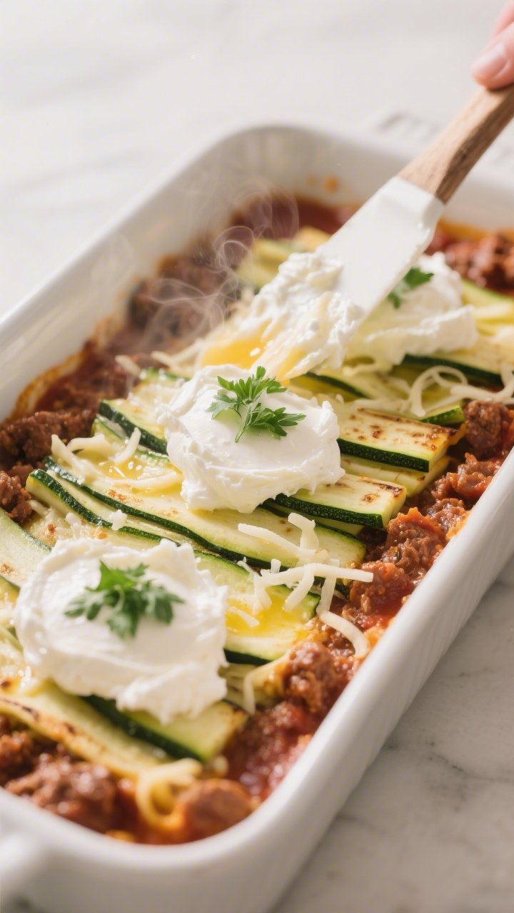 Cooking process, close-up detail: Close-up of par-baked zucchini “noodles” being layered over a