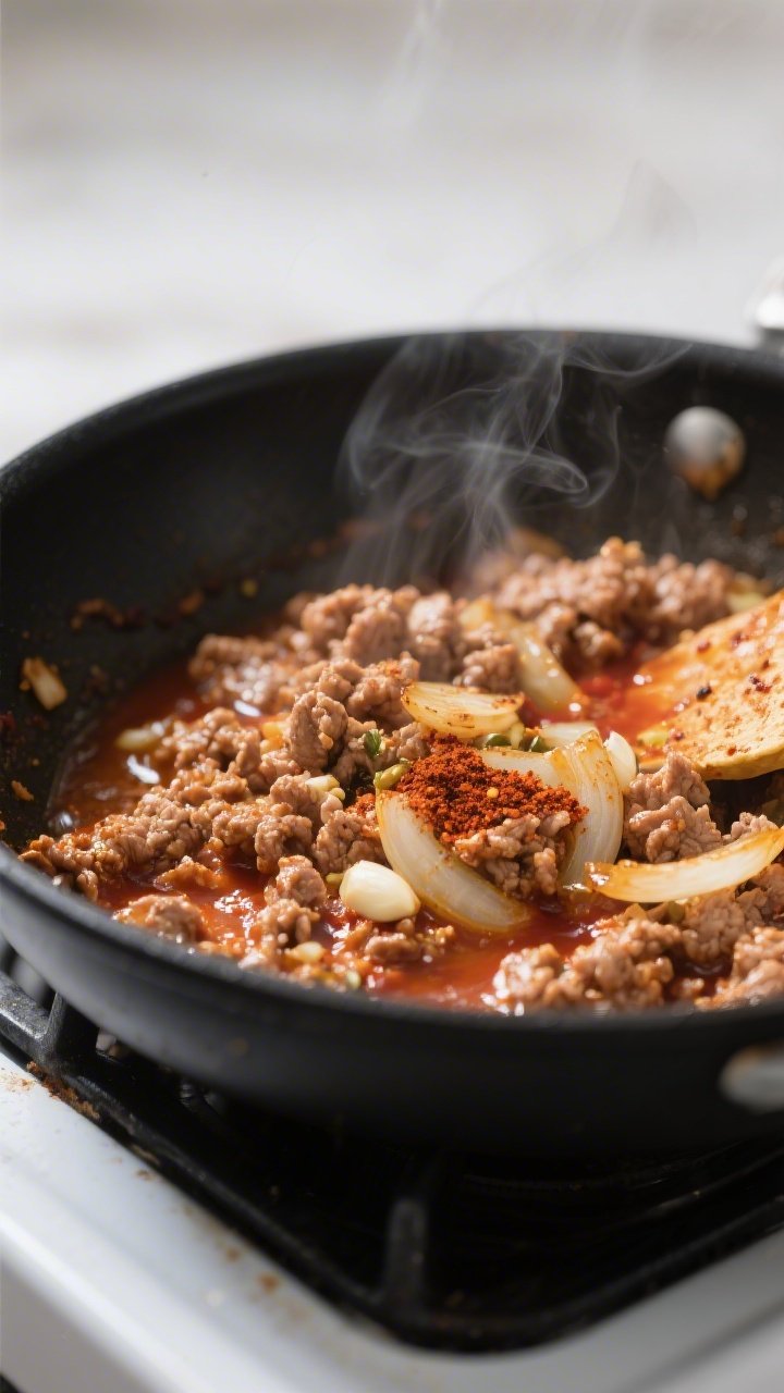 Cooking process, close-up detail: Close-up of sizzling taco-seasoned ground turkey in a large skille