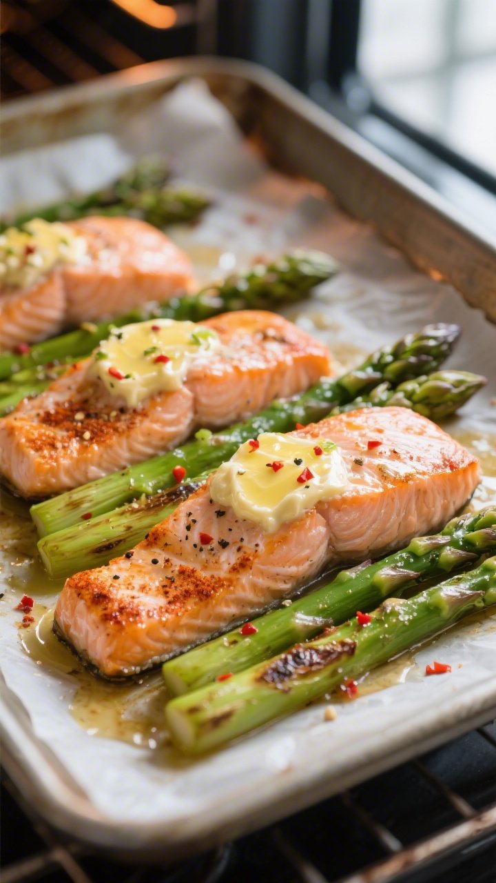 Cooking process, close-up detail: Garlic butter salmon fillets nestled between asparagus on a parchm