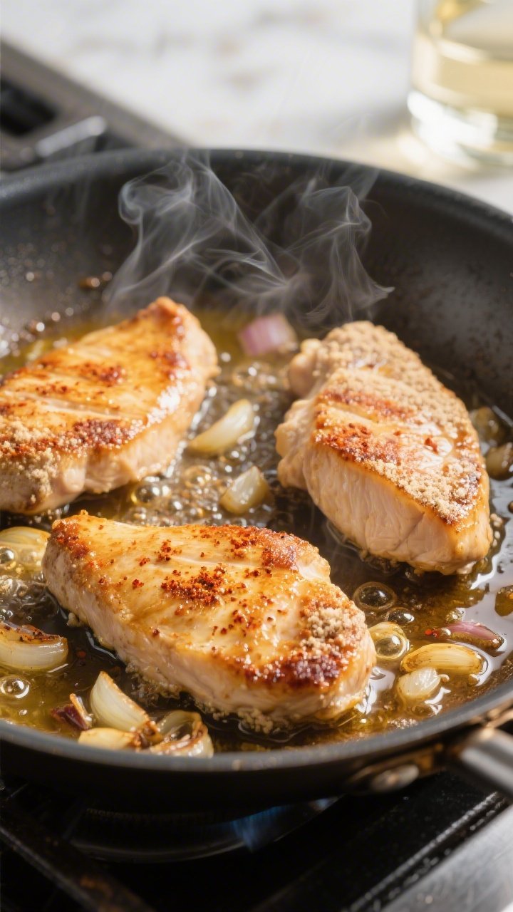 Cooking process, close-up detail: Golden seared chicken cutlets in a large skillet, edges crisp from