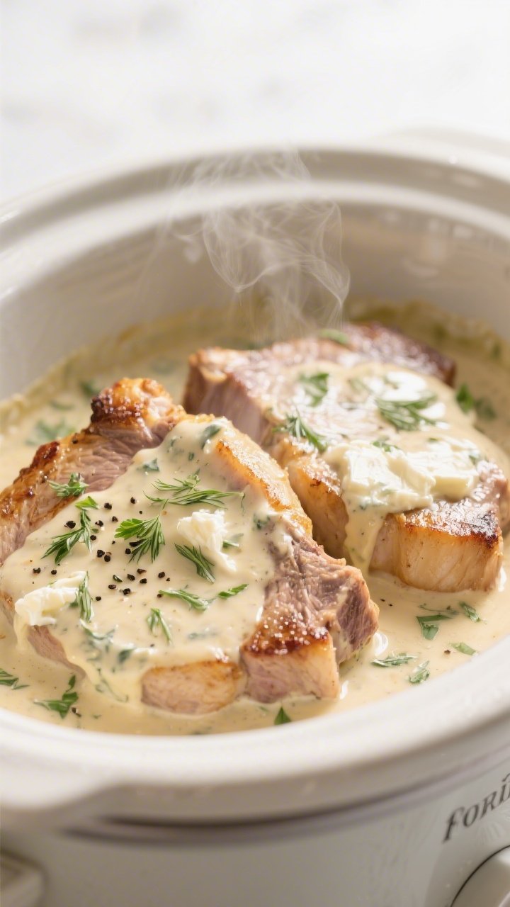 Cooking process, close-up detail: Golden-seared pork chops nestled in a slow cooker, smothered in a