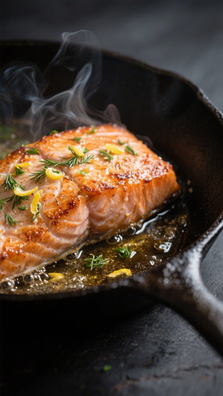 Cooking process, close-up detail: Salmon fillet sizzling skin-side down in a cast-iron skillet, skin