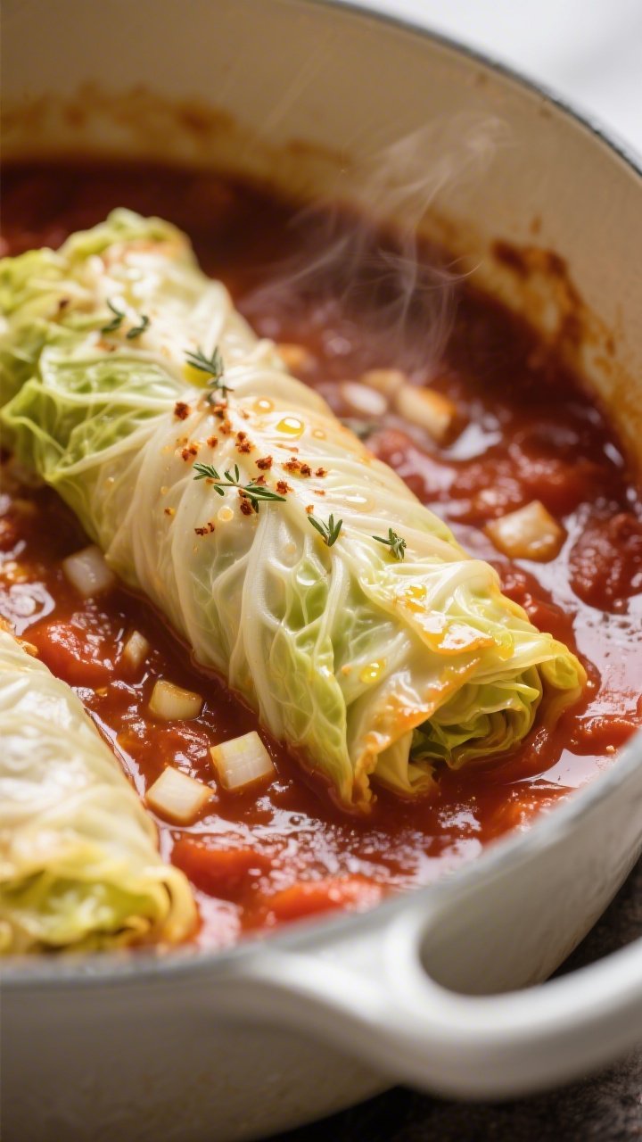 Cooking process, close-up detail: Seam-side-down keto stuffed cabbage rolls simmering in a Dutch ove