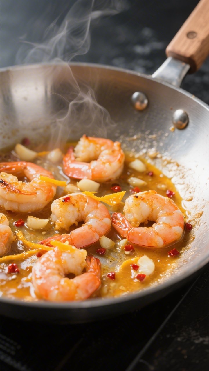 Cooking process, close-up detail: Searing keto orange garlic shrimp in a stainless steel skillet, sh