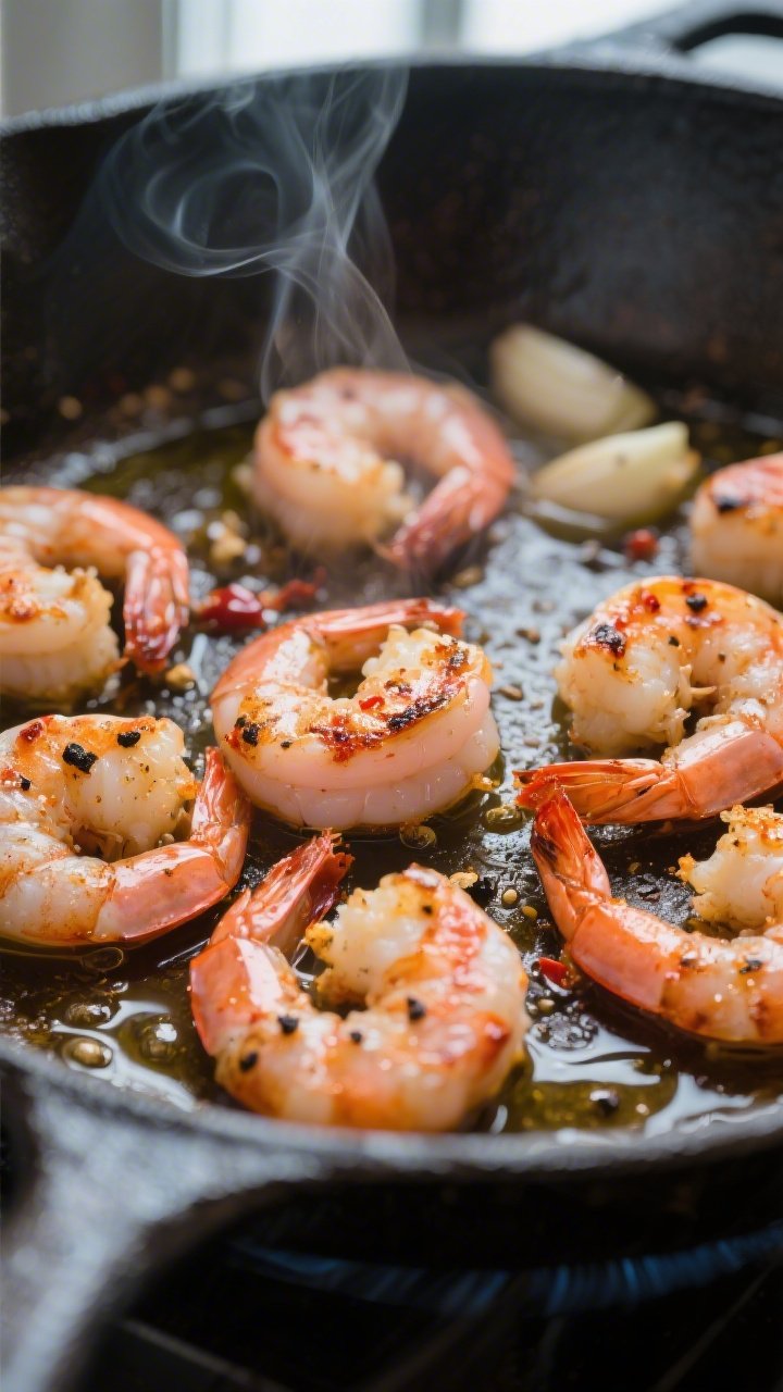 Cooking process, close-up detail: Searing paprika-garlic shrimp in a hot skillet, cooked and lightly