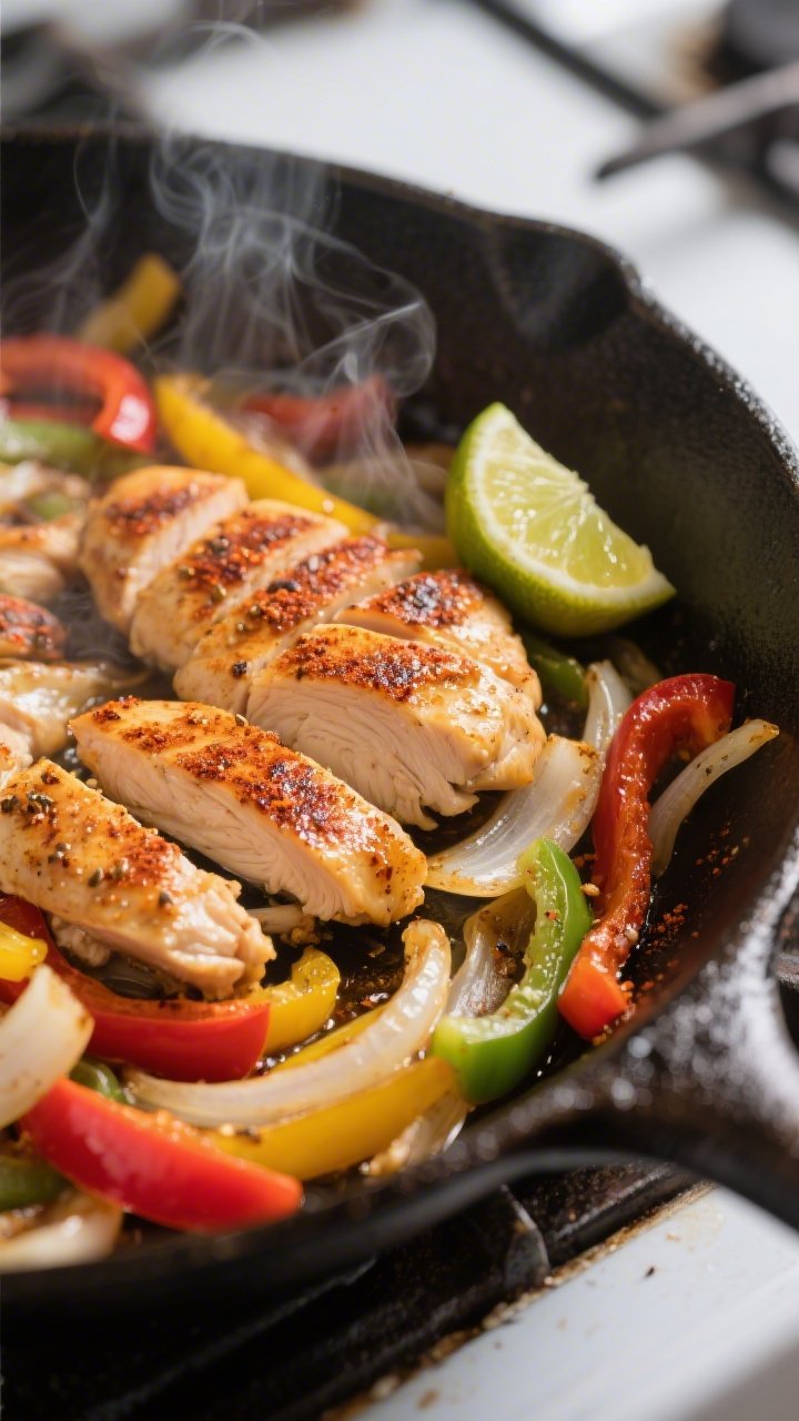 Cooking process, close-up detail: Sizzling chicken fajitas in a large cast-iron skillet, thinly slic