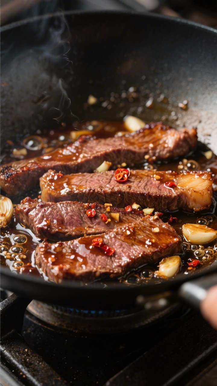 Cooking process, close-up detail: Sizzling slices of pan-seared flank steak in a dark carbon-steel w