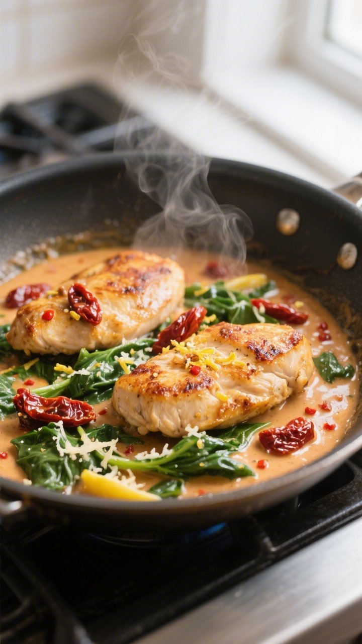 Cooking process close-up: Golden-seared chicken cutlets nestled back into a silky sun-dried tomato c