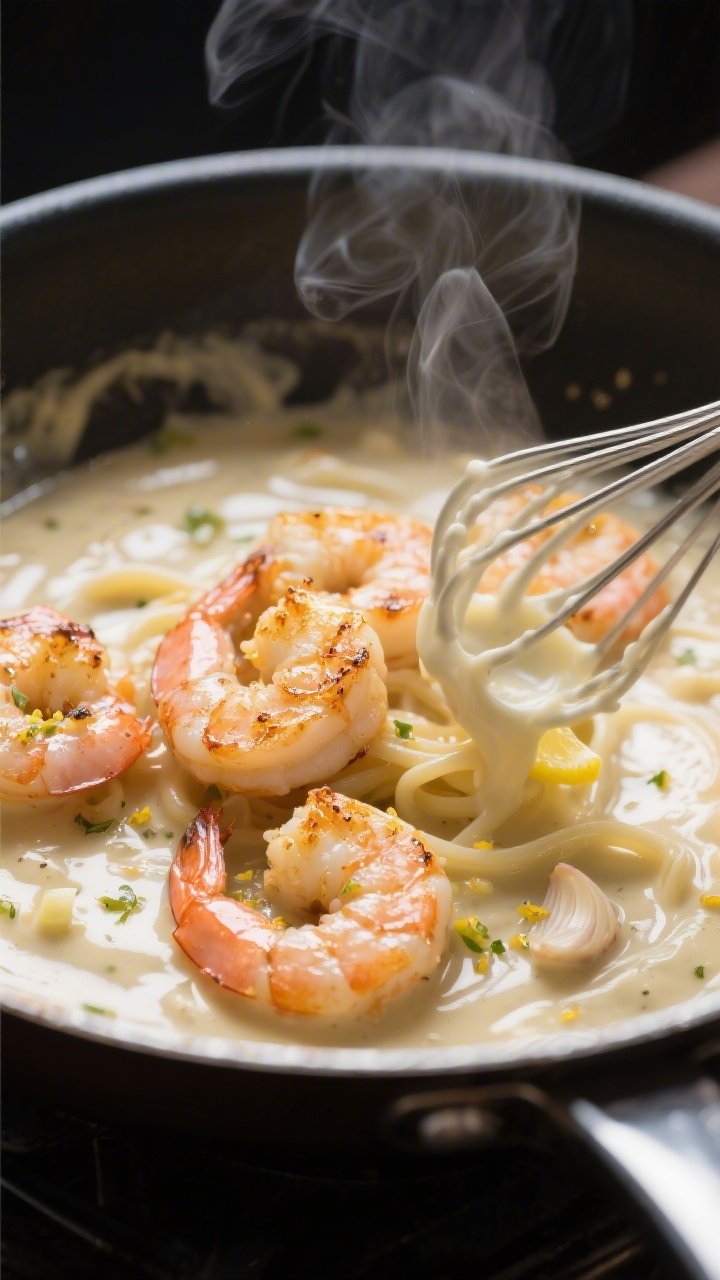 Cooking process close-up: Golden-seared shrimp just cooked in a skillet, pink and opaque with light