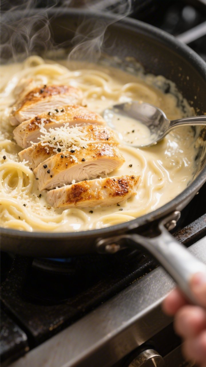Cooking process close-up: Golden-seared sliced chicken tossed back into a silky garlic-Parmesan Alfr