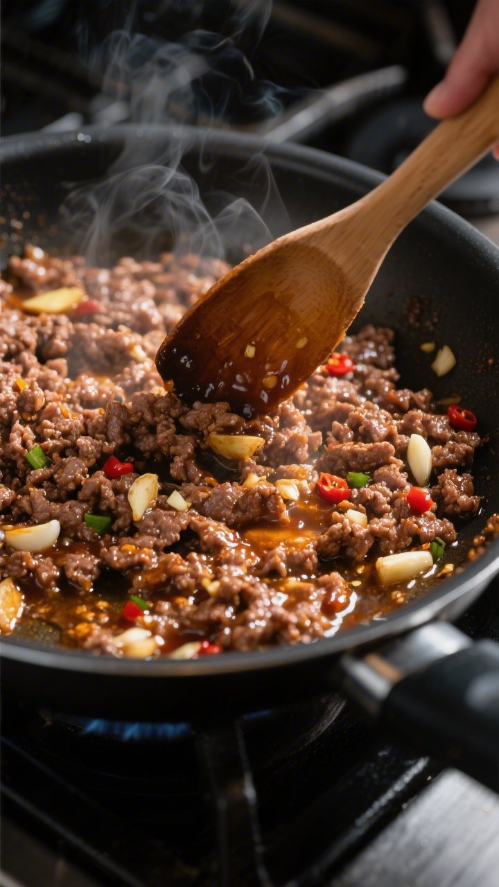 Cooking process close-up: Ground beef sizzling in a wide skillet, browned with caramelized crispy ed