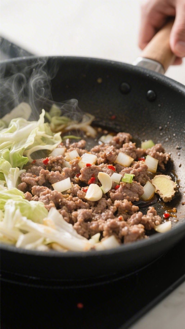 Cooking process close-up: Ground pork sizzling in a large black skillet with softened diced onion, m