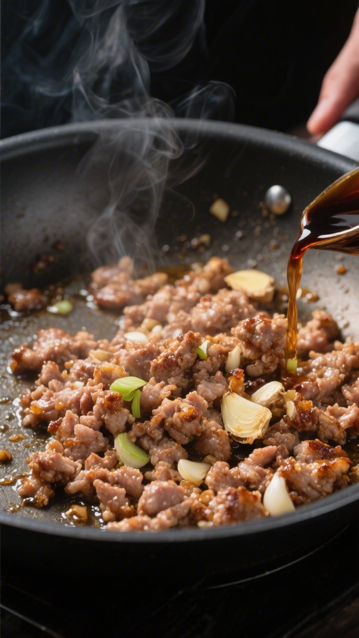 Cooking process close-up: Ground pork sizzling in a large skillet, browned with crispy caramelized e