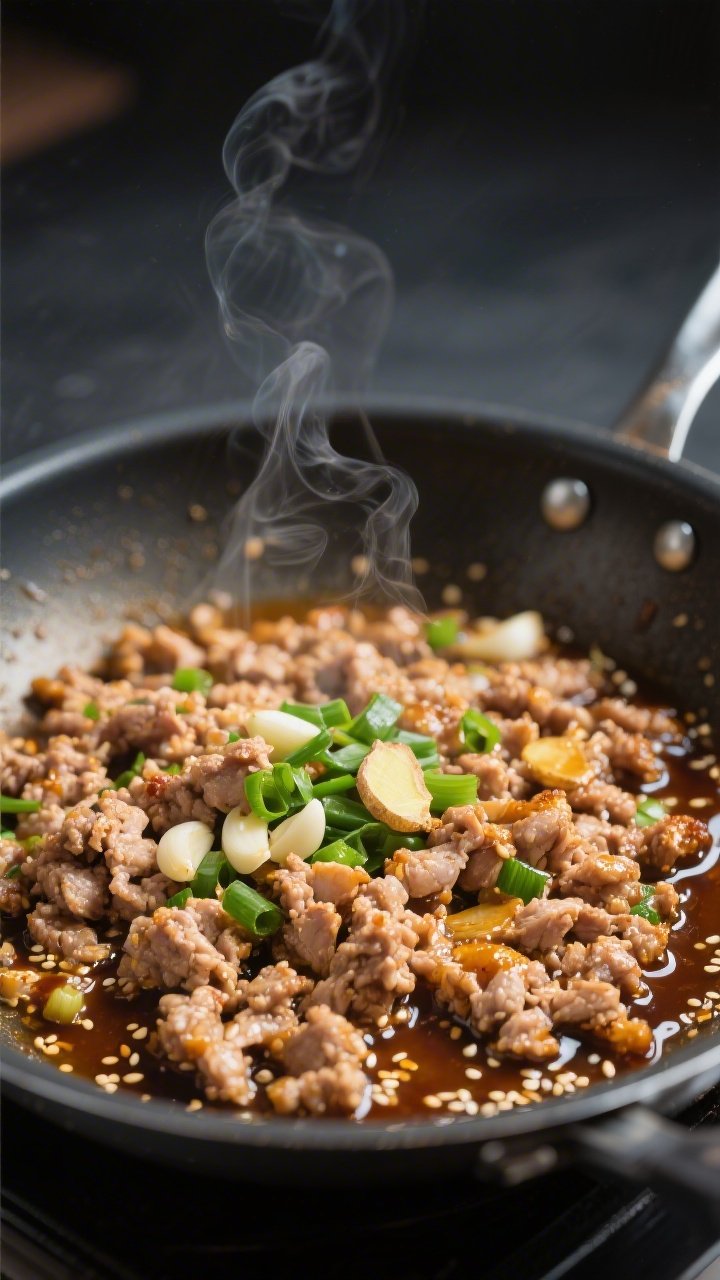 Cooking process close-up: Ground turkey browning in a wide stainless skillet over medium-high heat, 