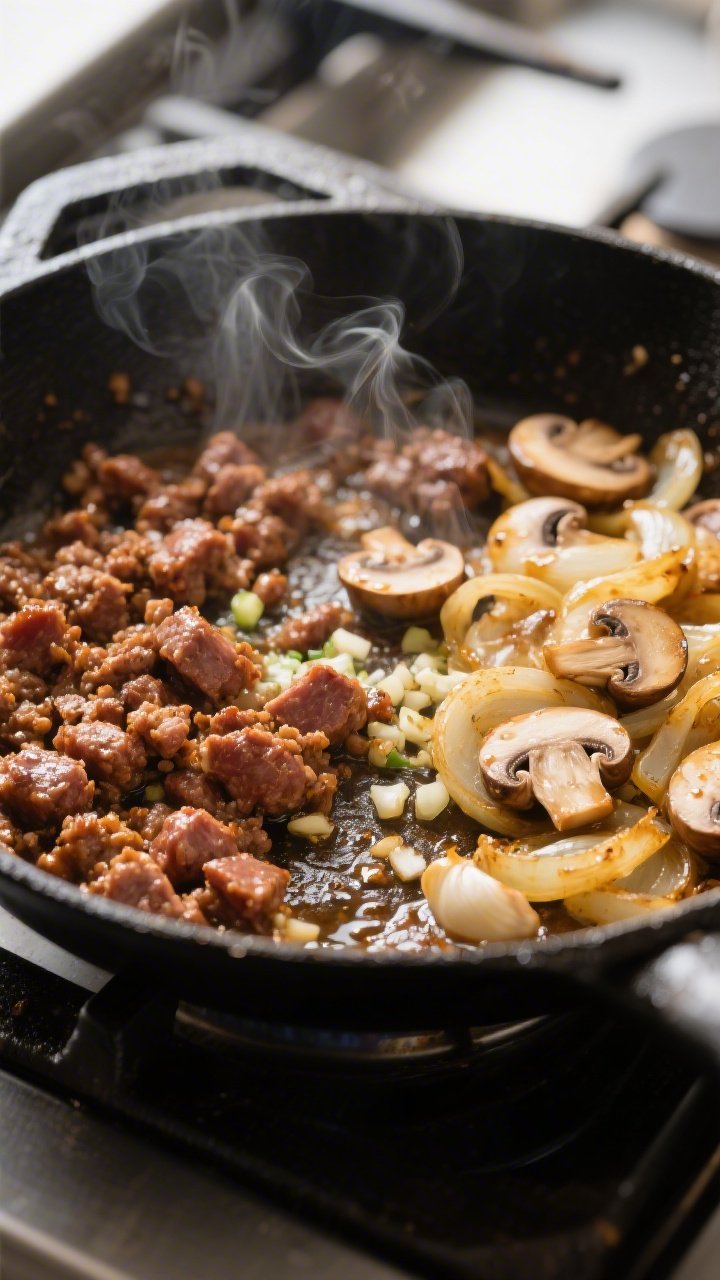 Cooking process close-up: Italian sausage crumbles sizzling in a large black skillet with browned ed