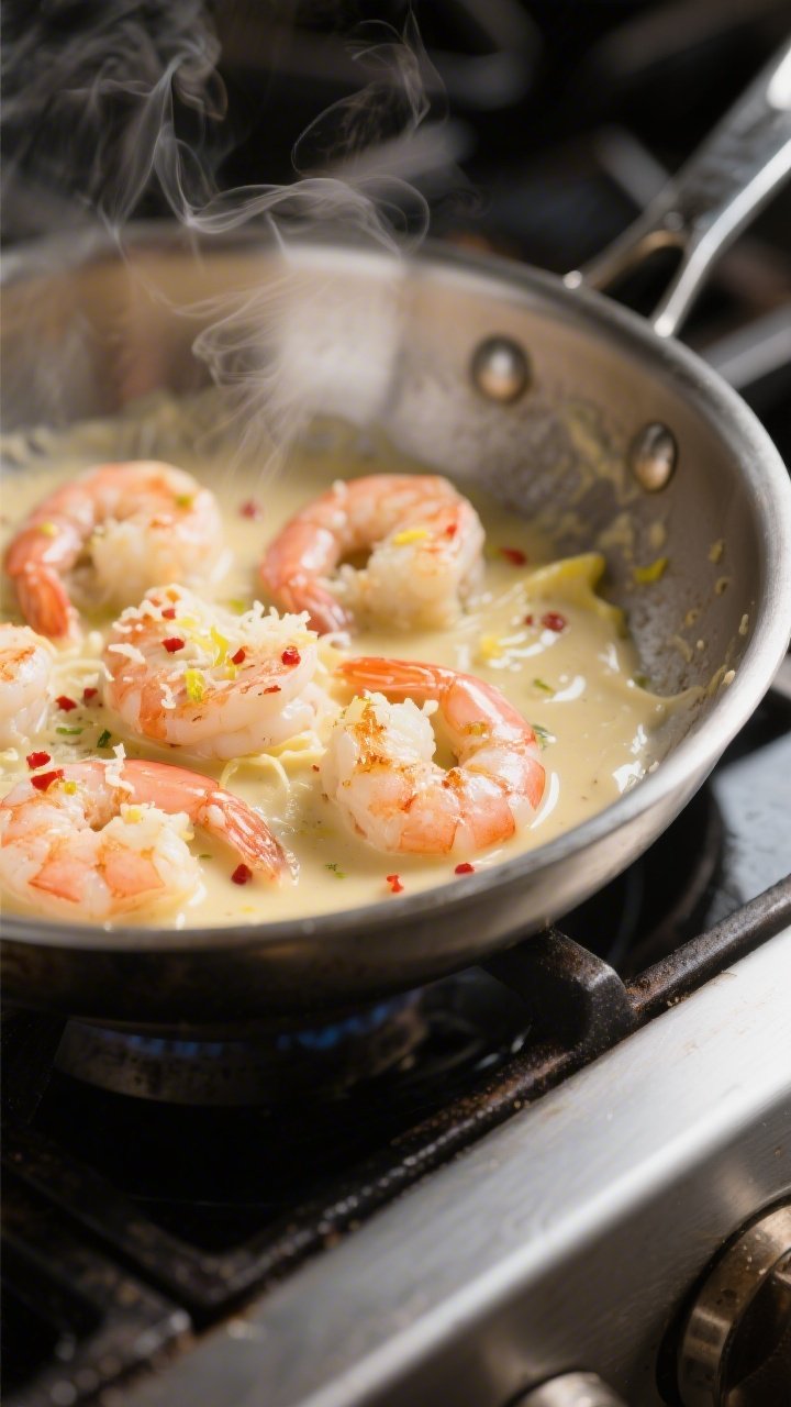 Cooking process close-up: Juicy shrimp just seared in a stainless-steel skillet, coated in a glossy 