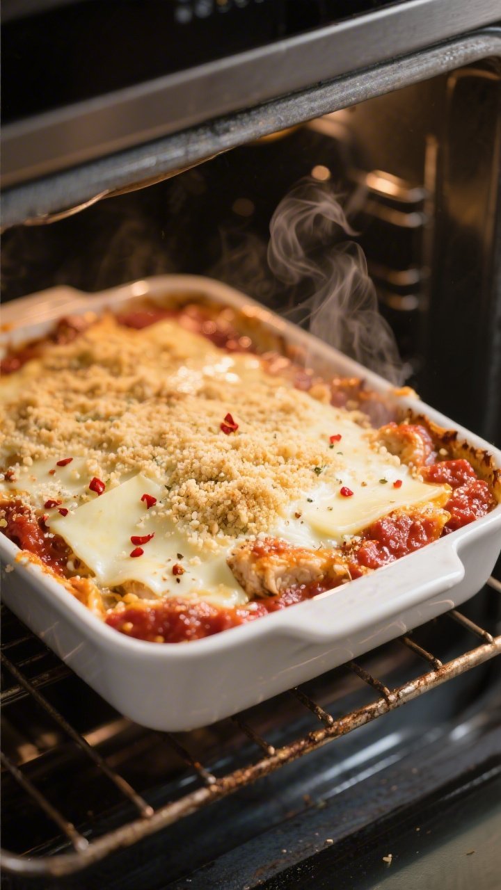 Cooking process close-up: Keto Chicken Parmesan Casserole mid-bake, bubbling edges of low-carb marin