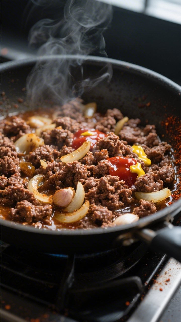 Cooking process – Close-up of browned ground beef with sautéed onions and garlic in a large skill