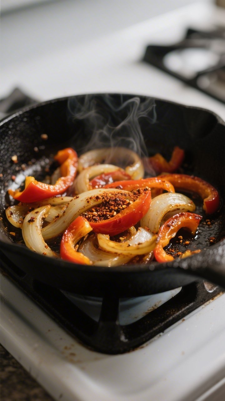 Cooking process close-up: Sautéed bell peppers and onions in a black cast-iron skillet, cooked unti