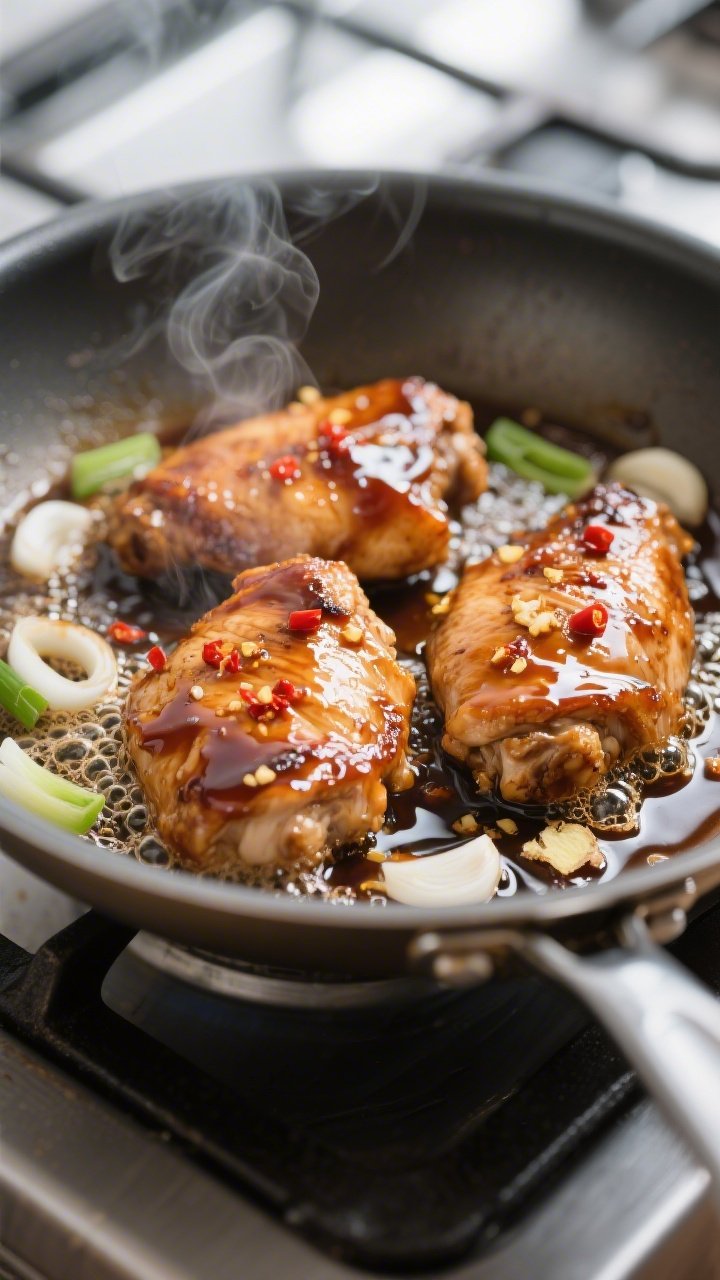 Cooking process, close-up: Sear-kissed boneless chicken thighs in a wide stainless skillet, mid-simm