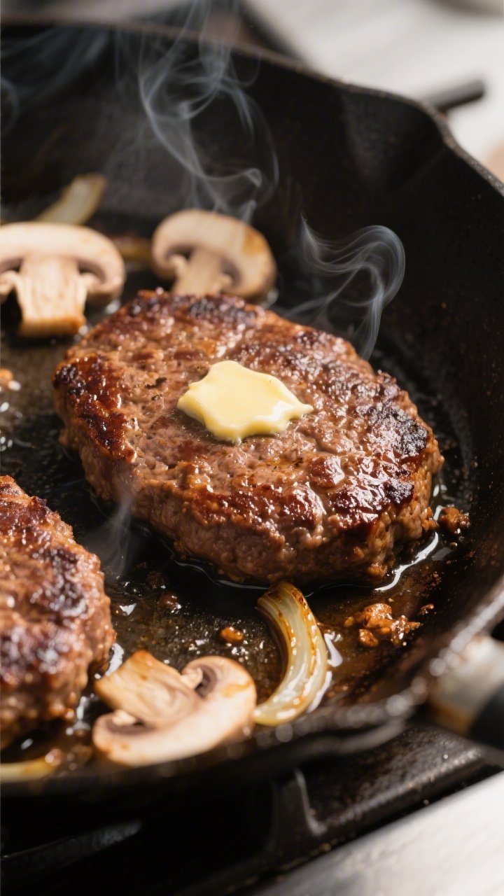 Cooking process close-up: Searing oval Salisbury steak patties in a heavy skillet, deep brown crust 