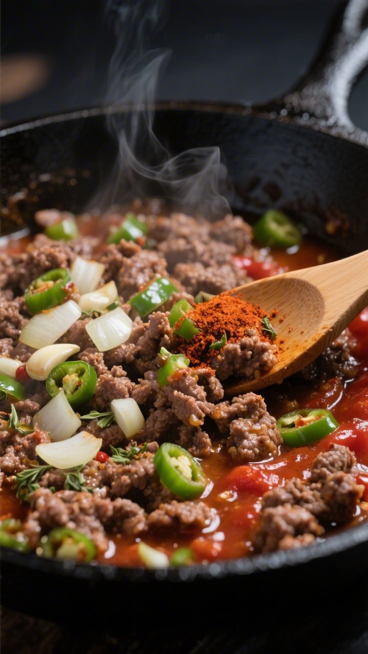 Cooking process close-up: Seasoned ground beef sizzling in a black cast-iron skillet, onions just tu