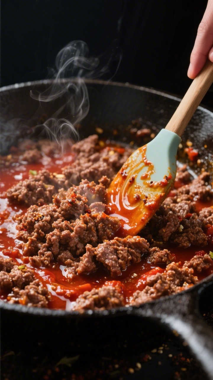 Cooking process close-up: Seasoned ground beef sizzling in a cast-iron skillet, glossy from tomato p