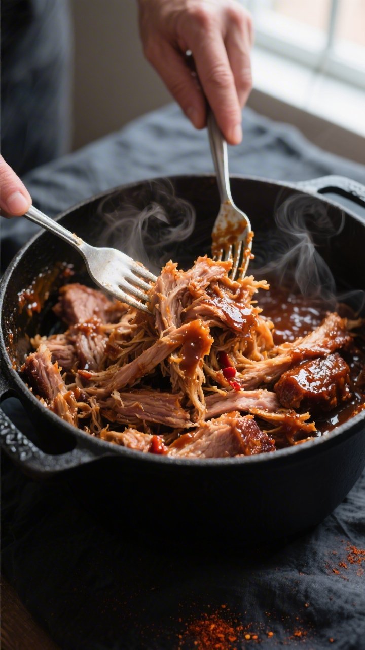 Cooking process close-up: Shredded Keto BBQ pulled pork just after slow cooking, glistening strands
