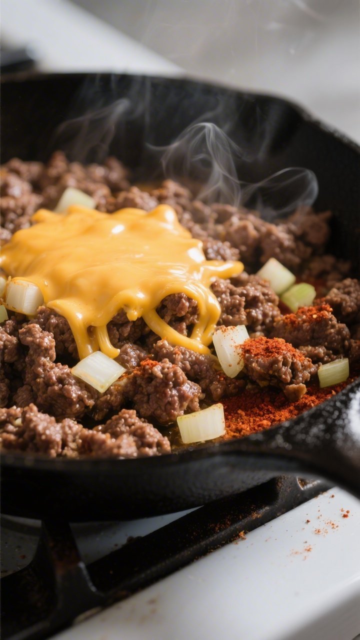 Cooking process close-up: Sizzling browned ground beef in a black cast-iron skillet, cheese just sta