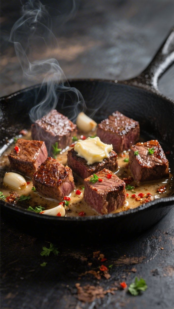 Cooking process close-up: Sizzling garlic butter steak bites in a cast-iron skillet, browned crust o