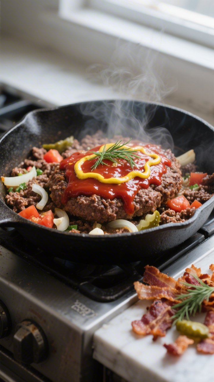 Cooking process close-up: Sizzling skillet of browned ground beef, sautéed onions, and minced garli