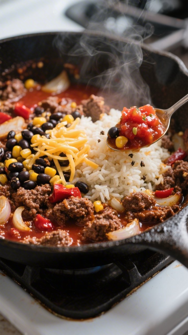 Cooking process close-up: Sizzling taco-seasoned ground beef in a skillet with softened onions and g
