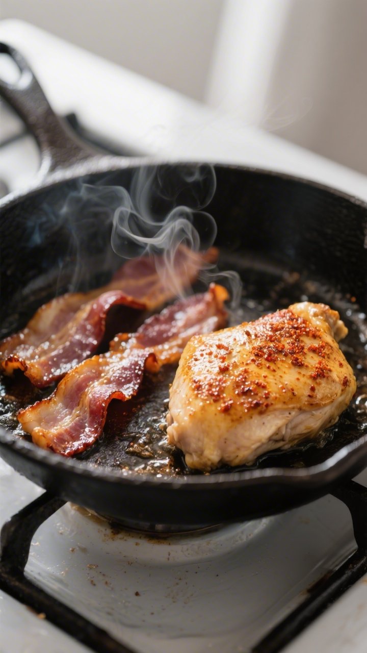 Cooking process close-up: Sliced bacon sizzling in a cast-iron skillet until crisp, glistening with 