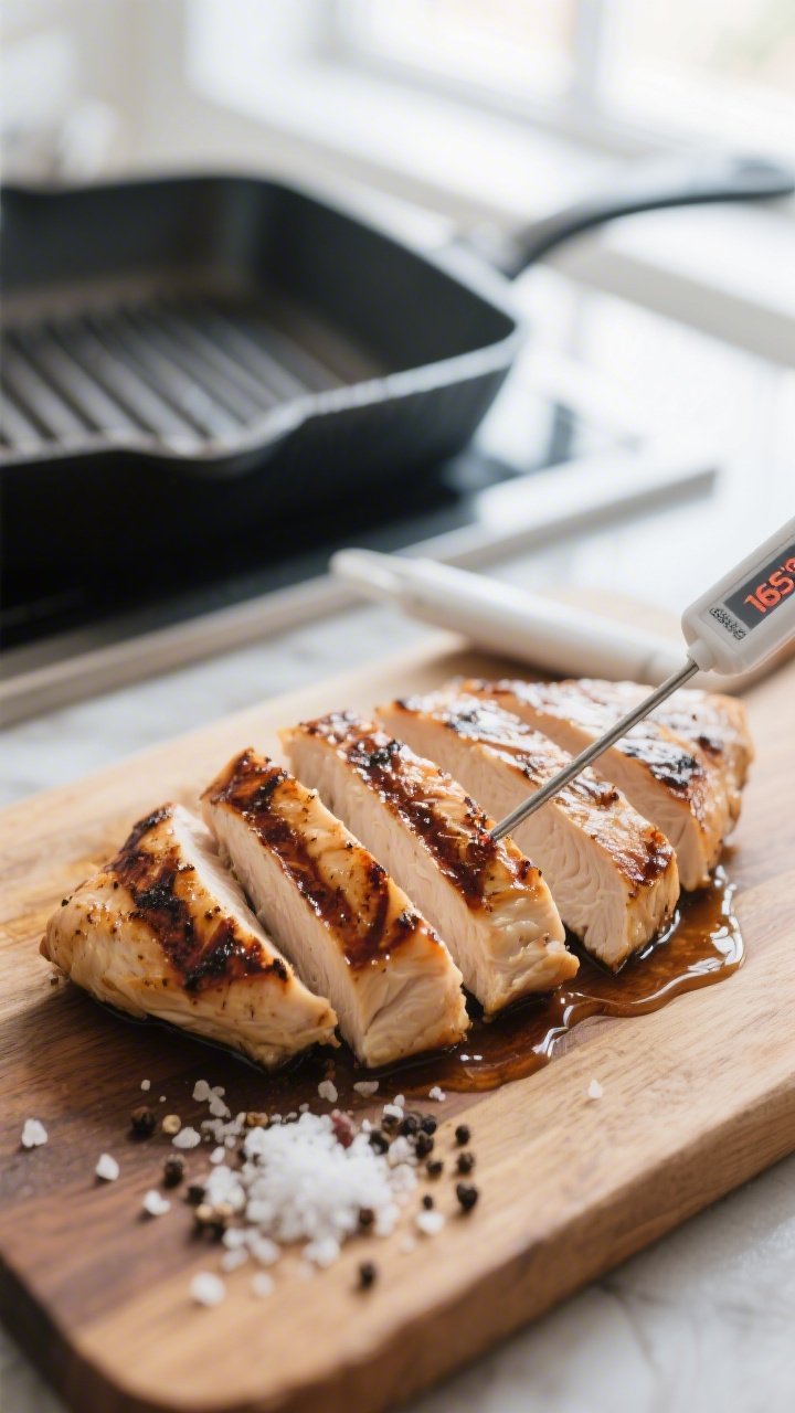 Cooking process close-up: Sliced grilled chicken breast with deep brown grill marks being rested on 
