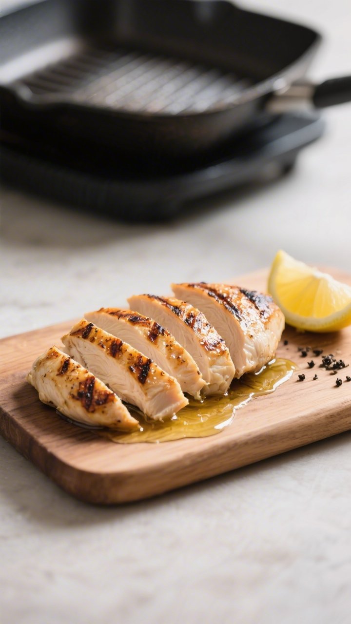 Cooking process close-up: Sliced grilled chicken breasts resting on a wooden board after cooking, sh