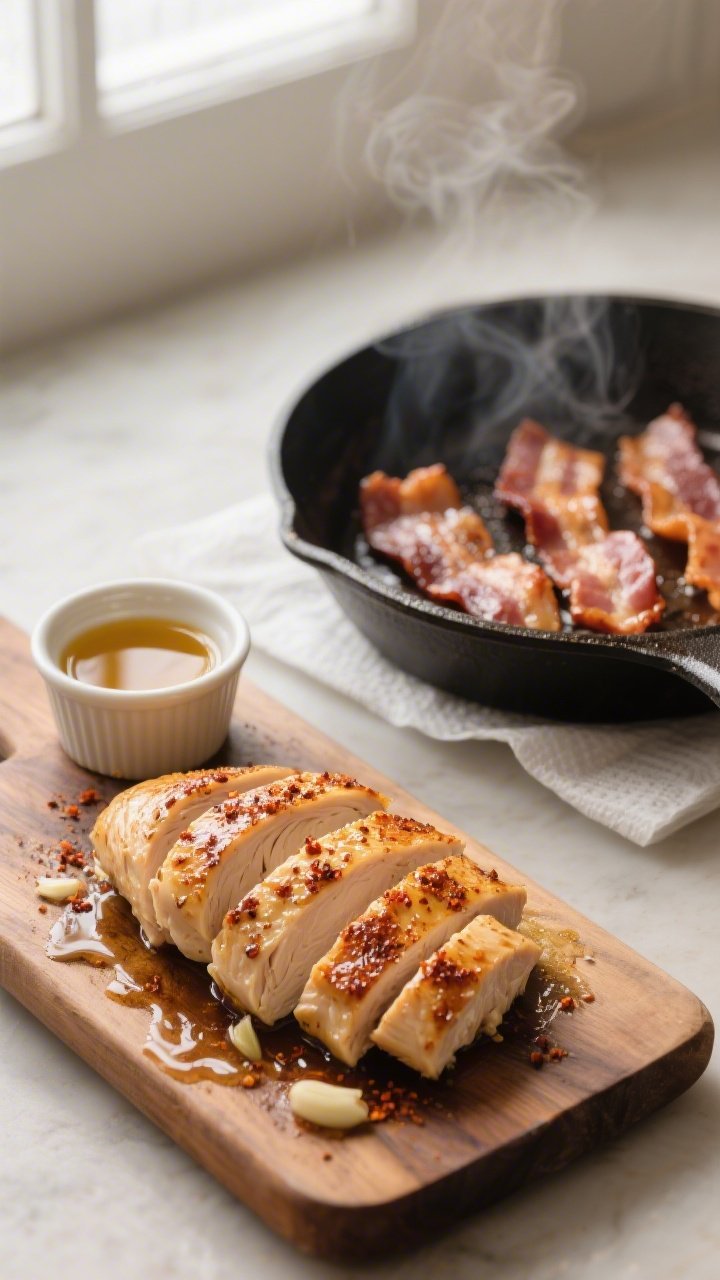 Cooking process close-up: Sliced, pan-seared chicken breast resting on a wooden board, juices gliste