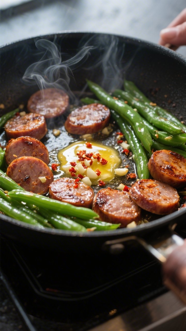 Cooking process, close-up: Sliced smoked sausage coins sizzling in a large skillet next to bright-gr