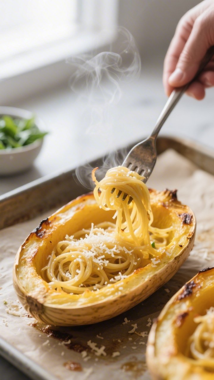Cooking process, close-up: Spaghetti squash “boats” just out of the oven being shredded in-shell