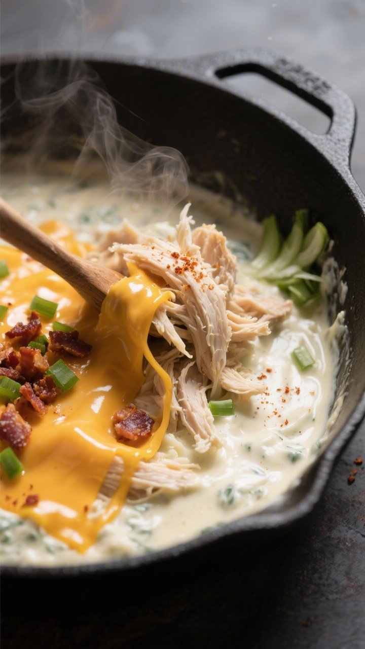 Cooking process close-up: Tender shredded chicken being folded back into a silky cream cheese and ra