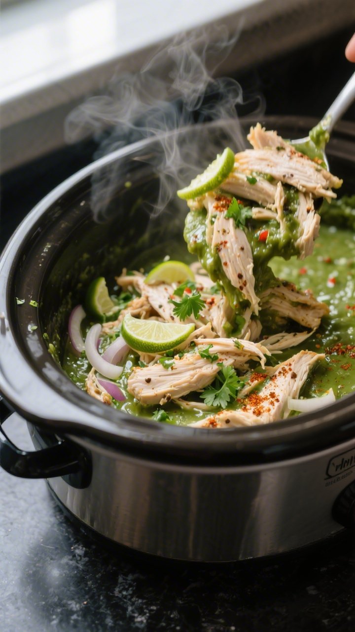 Cooking process close-up: Tender shredded salsa verde chicken being tossed back into its glossy gree